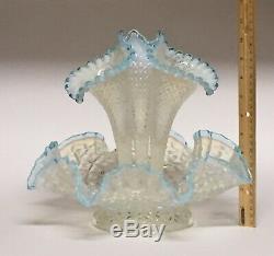 Fenton 3-Horn Epergne Diamond Lace Aqua Blue Crest French Opalescent Large