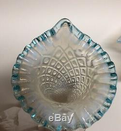 Fenton 3-Horn Epergne Diamond Lace Aqua Blue Crest French Opalescent Large