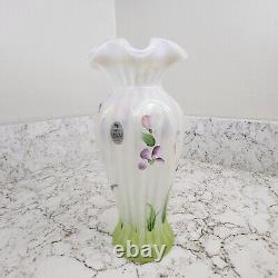 Fenton Art Glass French Opalescent Painted Vase Signed Susan K Fenton with Sticker