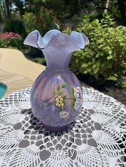 Fenton Art Glass French Opalescent Violet Lavender Vase With Hp/floral
