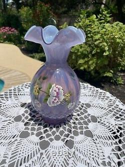 Fenton Art Glass French Opalescent Violet Lavender Vase With Hp/floral