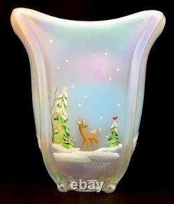 Fenton Art Glass Hand Painted Whispering Woods On French Opalescent Square Vase