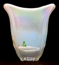 Fenton Art Glass Hand Painted Whispering Woods On French Opalescent Square Vase