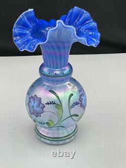 Fenton Cobalt blue & French opalescent Blue Harmony 1999 Glass Messenger Vase