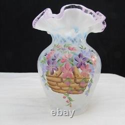 Fenton French Opal Diamond Optic Trellis Hand Painted Vase Special Order 02 2134