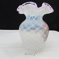 Fenton French Opal Diamond Optic Trellis Hand Painted Vase Special Order 02 2134