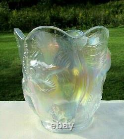 Fenton French Opalescent Iridized Glass Atlantis Koi Fish Vase 1990's GORGEOUS