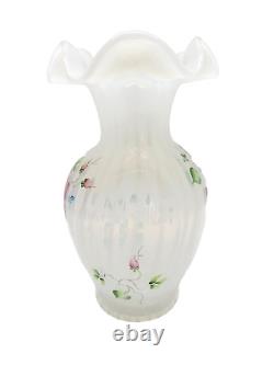 Fenton French Opalescent Rib Optic Cottage Rose Hand Painted Vase signed 8.5'