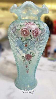 Fenton French Opalescent Rose Trellis Vintage Vase. Hand Painted And Signed