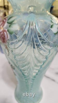 Fenton French Opalescent Rose Trellis Vintage Vase. Hand Painted And Signed