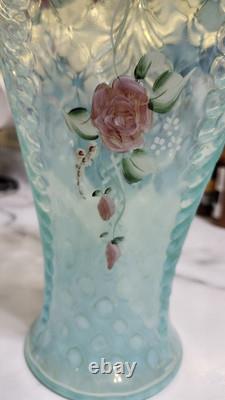 Fenton French Opalescent Rose Trellis Vintage Vase. Hand Painted And Signed