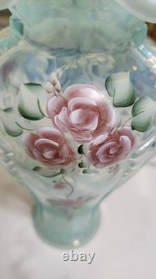 Fenton French Opalescent Rose Trellis Vintage Vase. Hand Painted And Signed