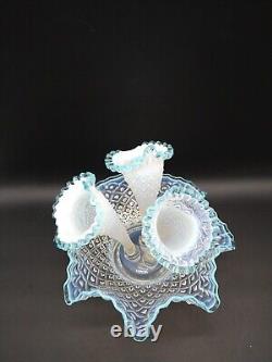 Fenton Glass Epergne Diamond Lace French Opalescent Aqua Crest 3 Horn