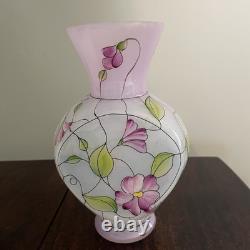 Fenton Glass French Opalescent Vase Hand Painted Stained Glass Floral