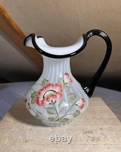 Fenton Glass Vase. French Opalescent Rib Optic Ebony Crest Pitcher Vase