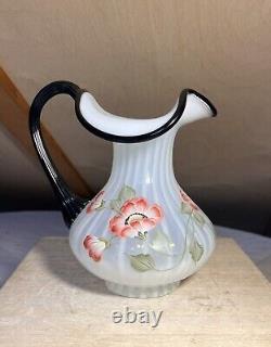 Fenton Glass Vase. French Opalescent Rib Optic Ebony Crest Pitcher Vase