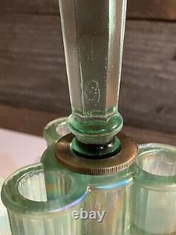 Fenton Green Iridescent Opalescent 4 Horn Epergne LG Vase Signed F. Fenton & #