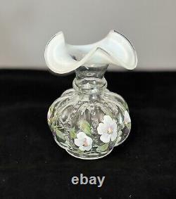 Fenton Hand Painted Clear French Opalescent Beaded Melon Vase 6. Signed/Marked