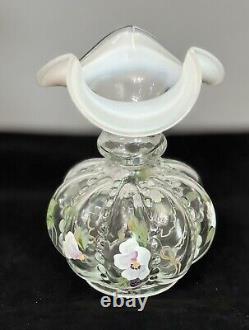 Fenton Hand Painted Clear French Opalescent Beaded Melon Vase 6. Signed/Marked