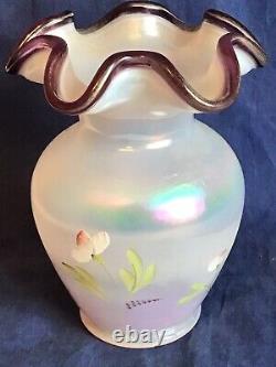 Fenton Iridescent Opalene Hand Painted Butterfly And Flower Vase