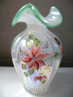 Fenton Kitty Riley (hp) French Opal Iridescent Poinsettia Vase Gorgeous