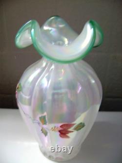 Fenton Kitty Riley (hp) French Opal Iridescent Poinsettia Vase Gorgeous