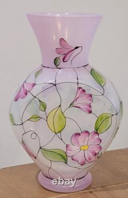 Fenton QVC Vase Art Glass French Opalescent Stained Glass Floral Hand Painted