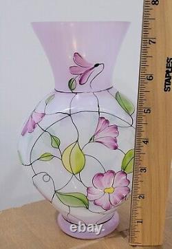 Fenton QVC Vase Art Glass French Opalescent Stained Glass Floral Hand Painted