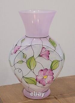 Fenton QVC Vase Art Glass French Opalescent Stained Glass Floral Hand Painted