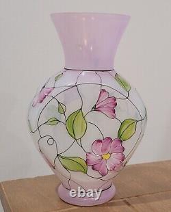 Fenton QVC Vase Art Glass French Opalescent Stained Glass Floral Hand Painted