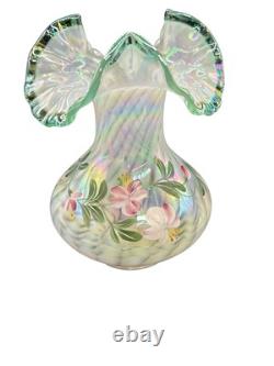 Fenton Signed Hand Painted By D. Musser French Opalescent Spiral 3D Optic Vase