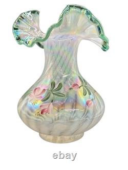 Fenton Signed Hand Painted By D. Musser French Opalescent Spiral 3D Optic Vase