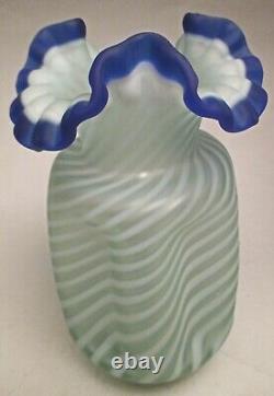 Fenton Spiral Optic Pinch Vase Green Cased with French Opalescent & Cobalt Crest