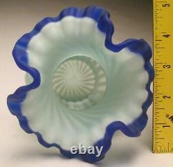 Fenton Spiral Optic Pinch Vase Green Cased with French Opalescent & Cobalt Crest