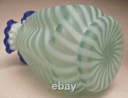 Fenton Spiral Optic Pinch Vase Green Cased with French Opalescent & Cobalt Crest