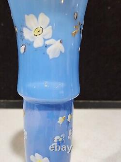 Fine Antique French Blue Translucent Opaline Glass Vase Hand Painted Flowers
