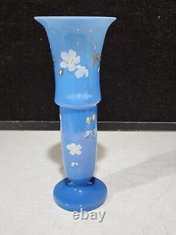 Fine Antique French Blue Translucent Opaline Glass Vase Hand Painted Flowers