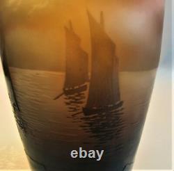 Fine D'ARGENTAL FRENCH Cameo Glass Vase Sailboats at Night c. 1910 antique