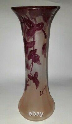 Fine Signed LEGRAS Cameo Glass Vase, Grapes Vine Leaves c. 1910 Antique French