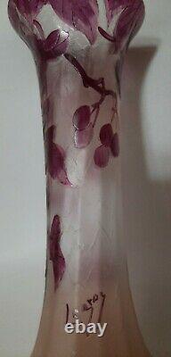 Fine Signed LEGRAS Cameo Glass Vase, Grapes Vine Leaves c. 1910 Antique French