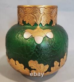 French 1880s Art Nouveau LeGras Mont Joye Emerald Green Enamel Glass Acorn Vase