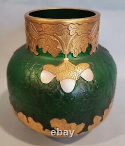 French 1880s Art Nouveau LeGras Mont Joye Emerald Green Enamel Glass Acorn Vase