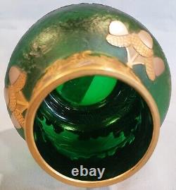 French 1880s Art Nouveau LeGras Mont Joye Emerald Green Enamel Glass Acorn Vase