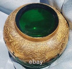 French 1880s Art Nouveau LeGras Mont Joye Emerald Green Enamel Glass Acorn Vase