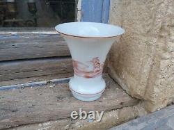 French Antique 1800 opaline milk glass vase with Hunting patterns