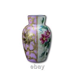 French Antique Art Nouveau Hand Painted Enamel Pink & White Opaline Vase