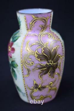 French Antique Art Nouveau Hand Painted Enamel Pink & White Opaline Vase