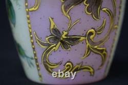 French Antique Art Nouveau Hand Painted Enamel Pink & White Opaline Vase