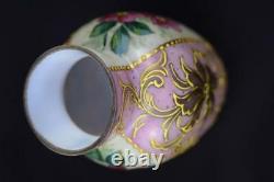 French Antique Art Nouveau Hand Painted Enamel Pink & White Opaline Vase