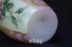 French Antique Art Nouveau Hand Painted Enamel Pink & White Opaline Vase